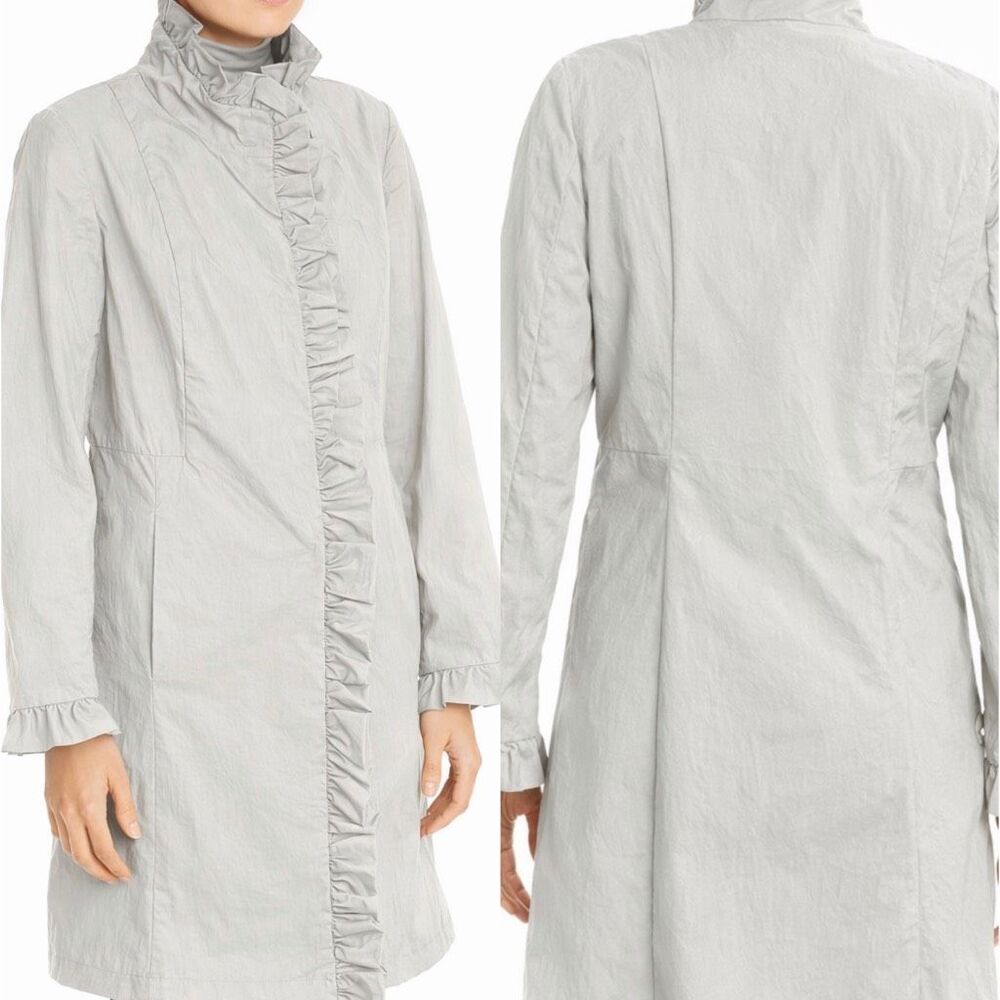 JANE POST $395 New York Ruffle Trim rain jacket Coat In Stone womens XL NWT